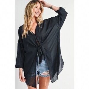 Black Sheer Tie-Front Tunic Blouse